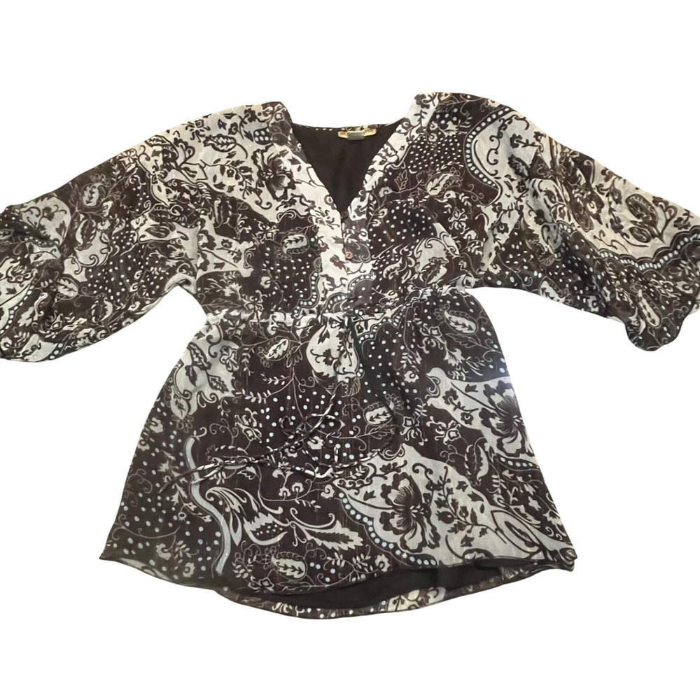 Notations XL Brown Paisley Floral Metallic Tunic Top V-Neck Bell Sleeve Boho Y2K